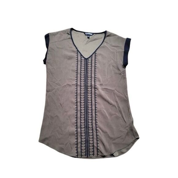 EXPRESS Women's Olive Green Black Cap Sleeve Chiffon Blouse Size XS - Picture 1 of 5